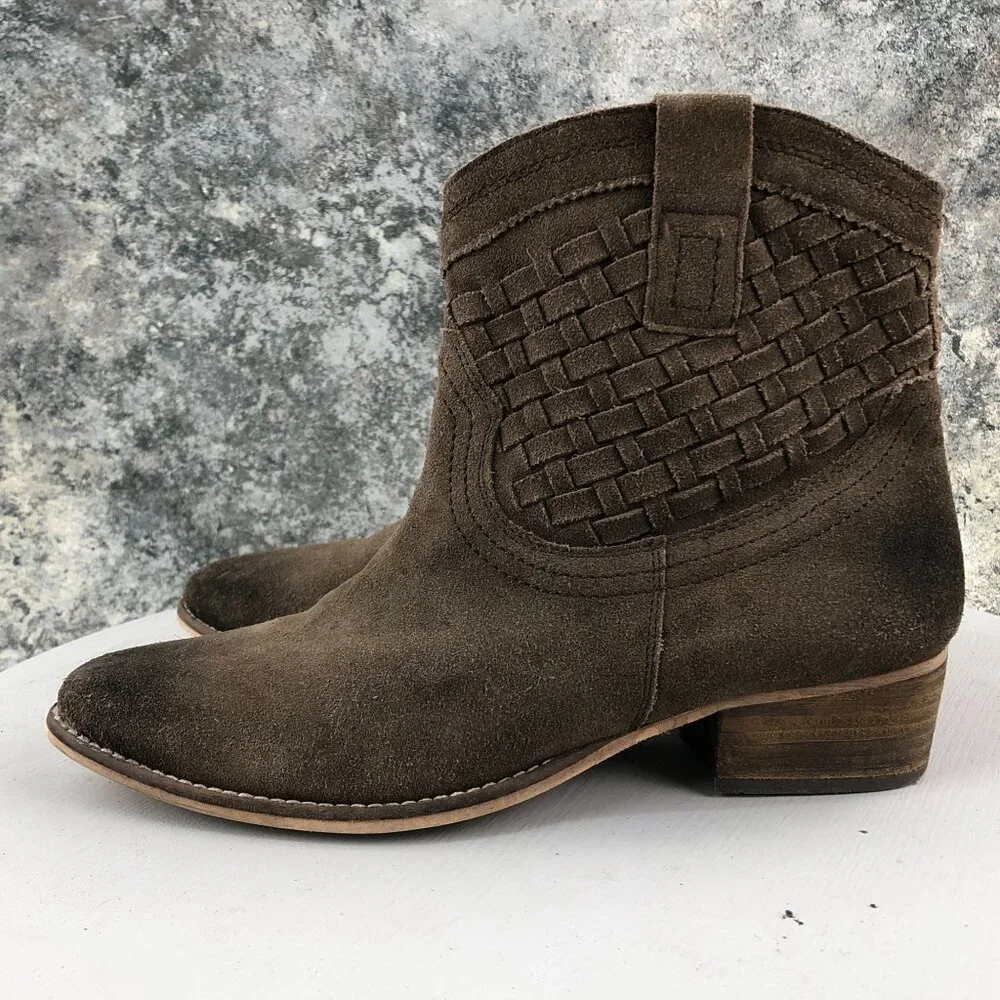 Skechers Women's 9 Brown Suede Woven Western Block Heel Ankle Booties 48463